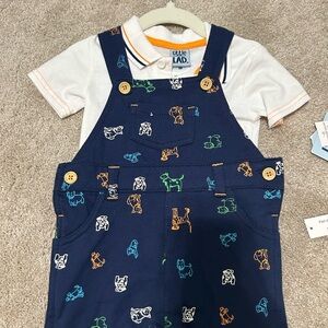 Little Lad Navy Overall Outfit with dog print- size 9mos